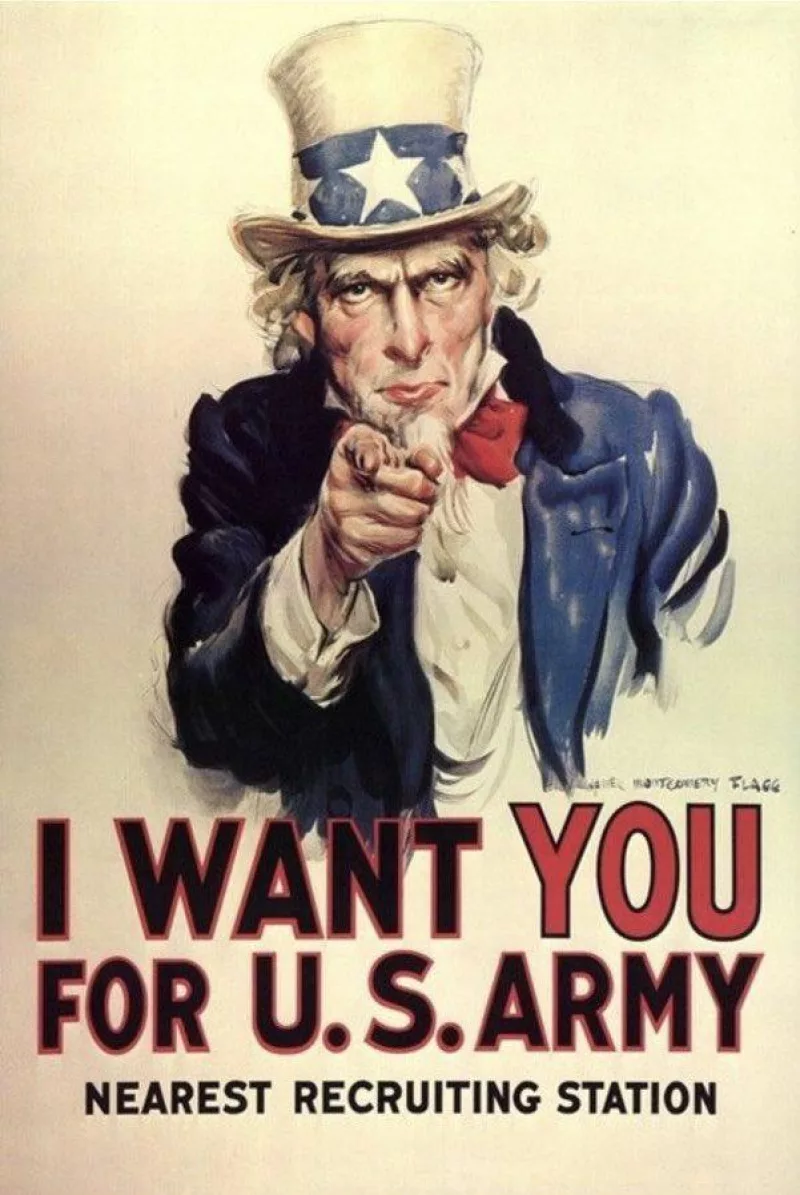I want you! Beroemde recruteringsposter van WWO1, door J. M. Flagg (1917) met Uncle Sam.