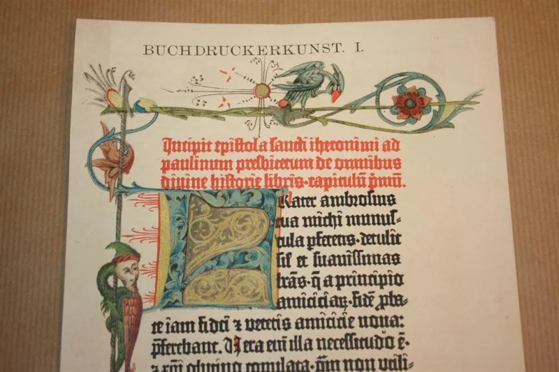 Litho van pagina uit de Gutenberg bijbel, ±1455 (litho uit 1885)